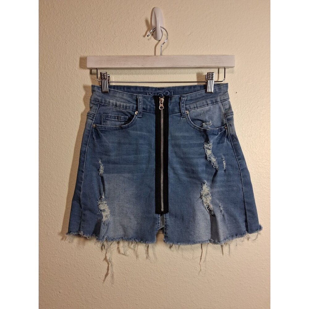 Rue 21 Denim Skirt Y2K Distressed Cut Off Grunge Mini Casual Blue Jean Sz Small